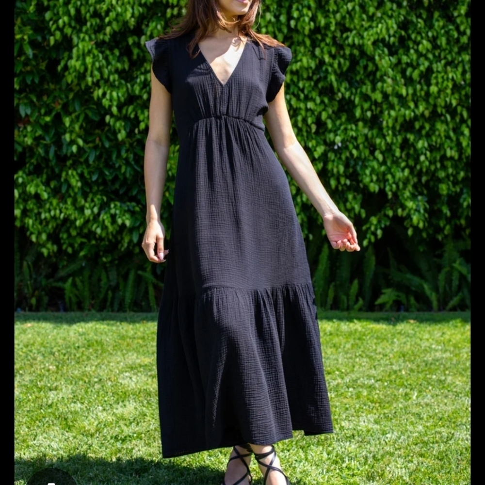 Honorine Ruby Ruffle Cotton Waffle Gauze Midi Dress Medium Black